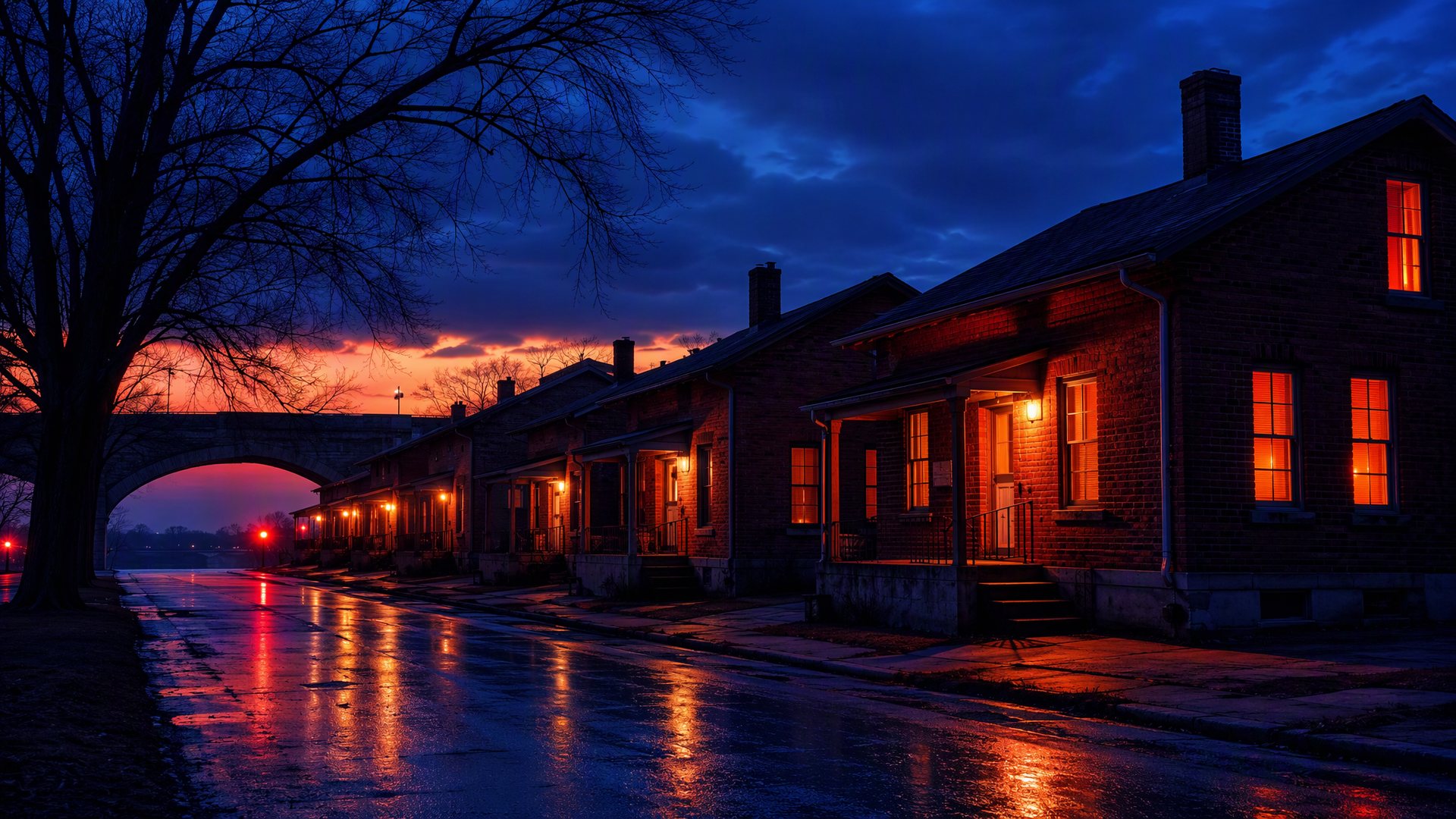 Brick workers’ cottages along the Flint River under a royal-blue dusk sky